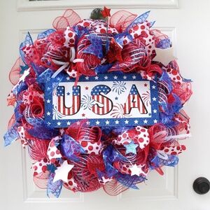 Memorial Day Wreath for Front Door, 4th of July Wreath, Patriotic Barbecue Flag